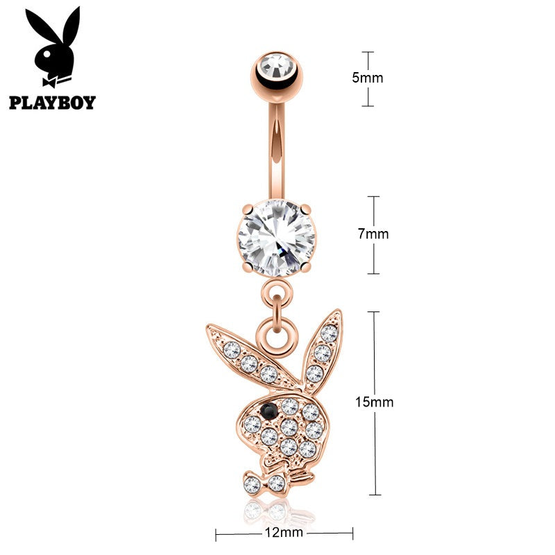 Clear Crystal Paved Playboy Bunny Dangle Belly Button Navel Ring - Rose Gold-Belly Ring, Body Piercing Jewellery, Crystal, Cubic Zirconia-BJ0337-RG_New-Glitters