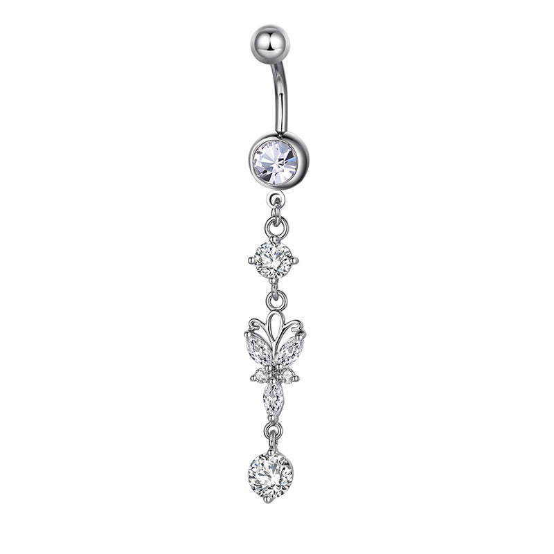 Butterfly Dangle Belly Button Navel Ring - Silver-Belly Ring, Body Piercing Jewellery, Cubic Zirconia-BJ0358-S-Glitters