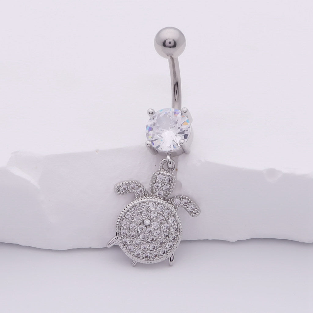 Sea Turtle Dangle Belly Button Navel Ring - Silver-Belly Ring, Body Piercing Jewellery, Cubic Zirconia, New-BJ0361-s1_1-Glitters
