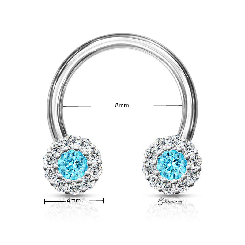 Surgical Steel Front Facing CZ Daisy Ends Horseshoes Barbell - Aqua-Body Piercing Jewellery, Cubic Zirconia, Horseshoe, Septum Ring, Tragus-CP0020-Q600_New-Glitters