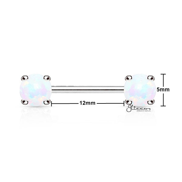 Surgical Steel Nipple Barbells with Prong Set Opal Ends - Opal White-Body Piercing Jewellery, Nipple Barbell-EB0003-W1_New-Glitters