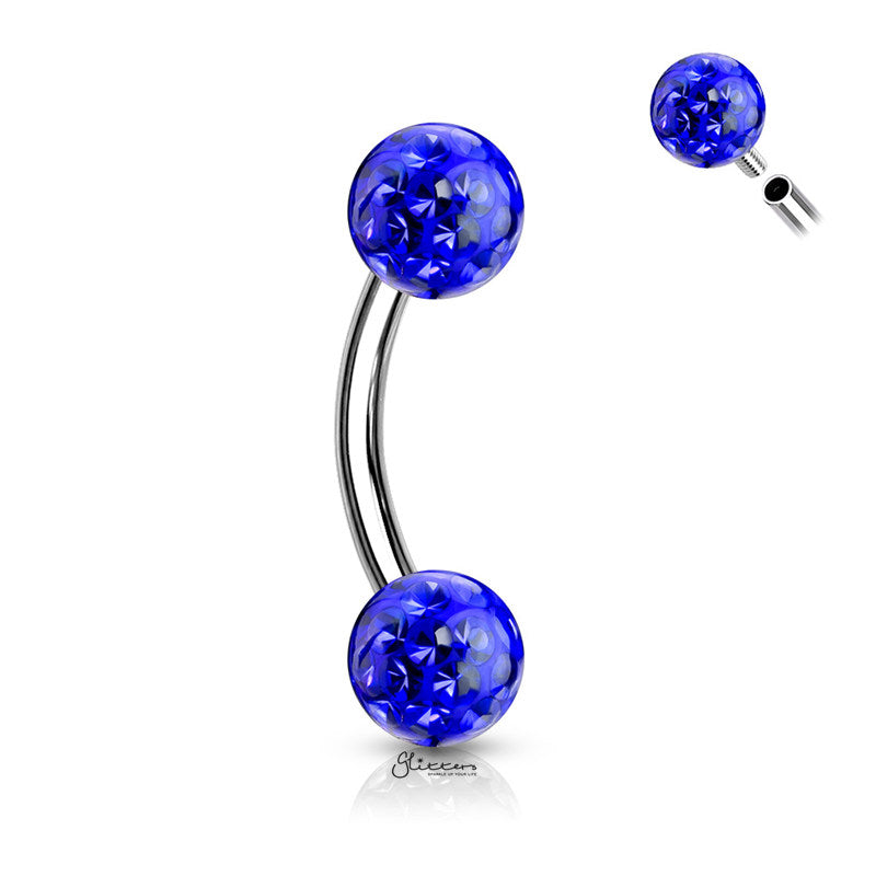 Epoxy Covered Crystal Paved Balls Eyebrow Barbells - Blue-Body Piercing Jewellery, Cubic Zirconia, Daith, Eyebrow-EB0015-B-Glitters