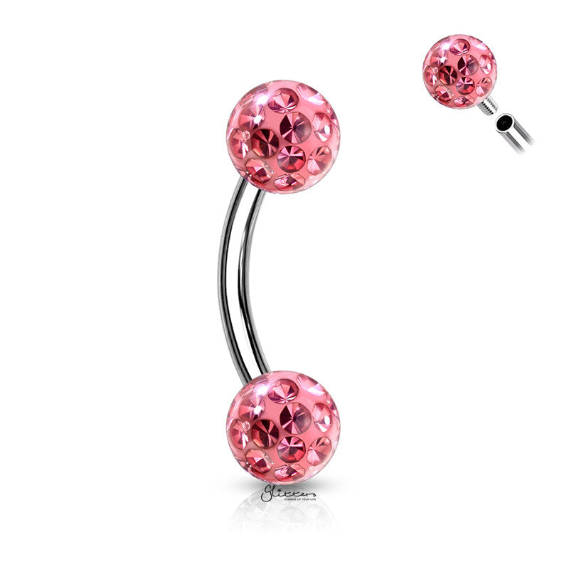 Epoxy Covered Crystal Paved Balls Eyebrow Barbells - Pink-Body Piercing Jewellery, Cubic Zirconia, Daith, Eyebrow-EB0015-P2-Glitters