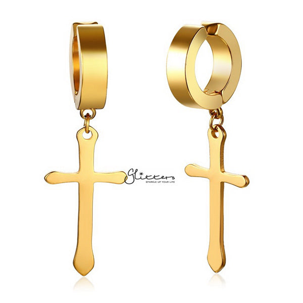 Non-Pierced Stainless Steel Clip On Cross Dangle Hoop Earrings - Gold-earrings, Fake Earrings, Hinged Earrings, Hoop Earrings, Jewellery, Men's Earrings, Men's Jewellery, Non-Pierced, Stainless Steel, Women's Earrings, Women's Jewellery-EC0064_G01-Glitters