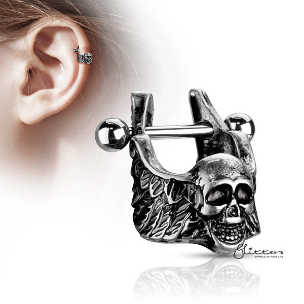 316L Surgical Steel Barbell with Skull with Winged Sides Helix Cuff-Body Piercing Jewellery, Ear Cuffs, earrings, Helix Earrings, Jewellery, Tragus, Women's Earrings, Women's Jewellery-EC0073-01-Glitters