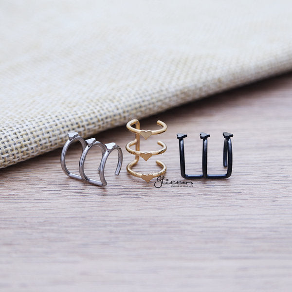 316L Surgical Steel Triple Lines with Heart on the Top Ear Cuffs - Non Piercing | Minimalist Ear Cuffs-Body Piercing Jewellery, Ear Cuffs, earrings, Jewellery, Women's Earrings, Women's Jewellery-EC0080-Glitters