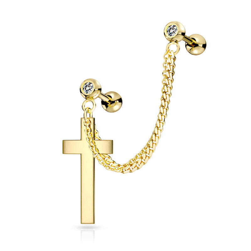 Chain Linked Crystal Set Cartilage Barbells with Cross - Gold-Body Piercing Jewellery, Cartilage, Cubic Zirconia, Ear Chain, Ear Cuffs, Earrings, Jewellery-EC0101-G-Glitters