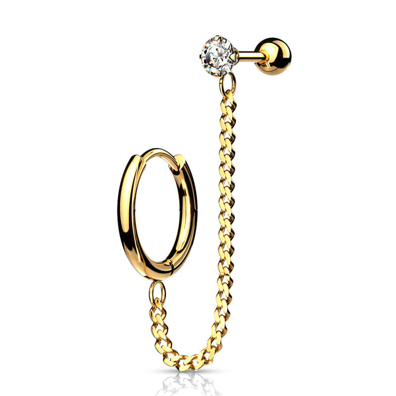Hoop Earring and Chain Linked CZ Top Cartilage Barbell - Gold-Body Piercing Jewellery, Cartilage, Cubic Zirconia, Ear Chain, Ear Cuffs, Earrings, Jewellery-EC0102-G-Glitters