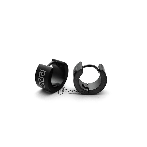 Black Titanium IP Stainless Steel Greek Key Huggie Hoop Earrings-earrings, Hoop Earrings, Huggie Earrings, Jewellery, Men's Earrings, Men's Jewellery, Stainless Steel-ER0122_GreekKey_K02-Glitters