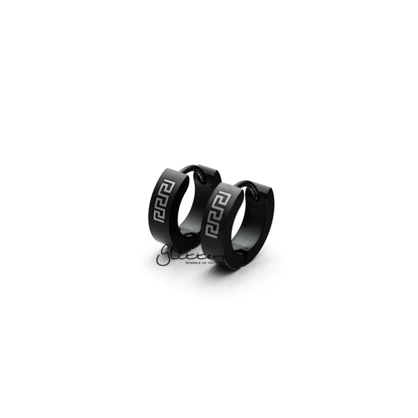 Black Titanium IP Stainless Steel Greek Key Hinged Hoop Earrings-earrings, Hoop Earrings, Huggie Earrings, Jewellery, Men's Earrings, Men's Jewellery, Stainless Steel-ER0122_GreekKey_KS01-Glitters