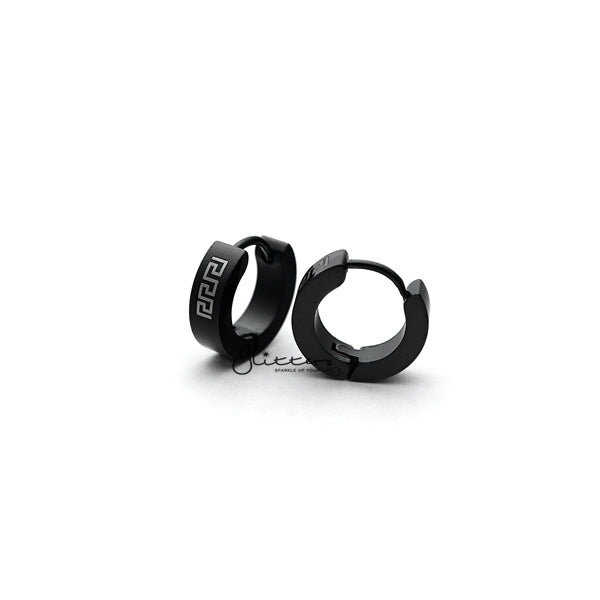 Black Titanium IP Stainless Steel Greek Key Hinged Hoop Earrings-earrings, Hoop Earrings, Huggie Earrings, Jewellery, Men's Earrings, Men's Jewellery, Stainless Steel-ER0122_GreekKey_KS02-Glitters