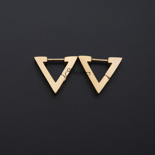 18K Gold IP Stainless Steel Triangle Huggie Hoop Earrings-earrings, Hoop Earrings, Huggie Earrings, Jewellery, Men's Earrings, Men's Jewellery, Stainless Steel-ER0122_triangle_01-Glitters