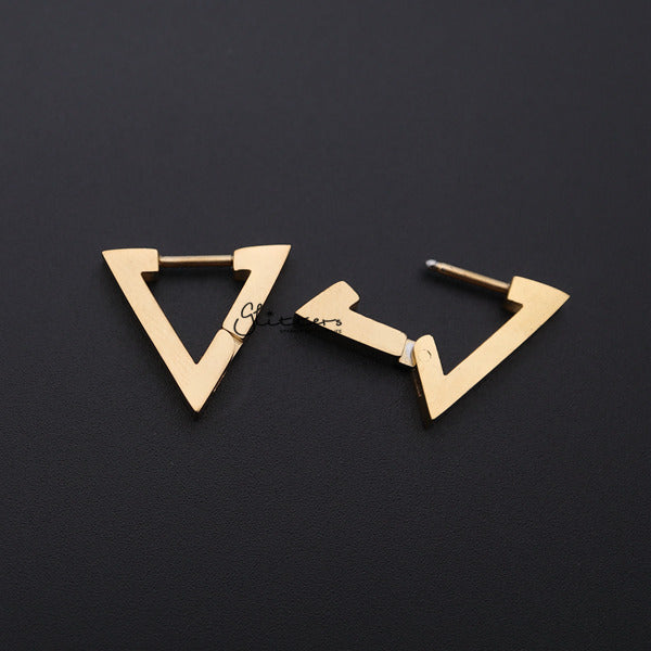 18K Gold IP Stainless Steel Triangle Huggie Hoop Earrings-earrings, Hoop Earrings, Huggie Earrings, Jewellery, Men's Earrings, Men's Jewellery, Stainless Steel-ER0122_triangle_02-Glitters
