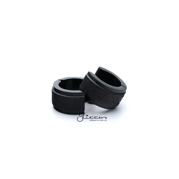 Black Titanium IP Stainless Steel Hinged Sand Sparkle Center Hoop Earrings-earrings, Hoop Earrings, Huggie Earrings, Jewellery, Men's Earrings, Men's Jewellery, Stainless Steel-ER0304_K-Sand_Sparkle_Center03-Glitters