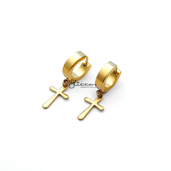 Stainless Steel Cross Drop Huggie Hoop Earrings - Gold-earrings, Hoop Earrings, Huggie Earrings, Jewellery, Men's Earrings, Men's Jewellery, Stainless Steel-ER1414_GPC02_01-Glitters