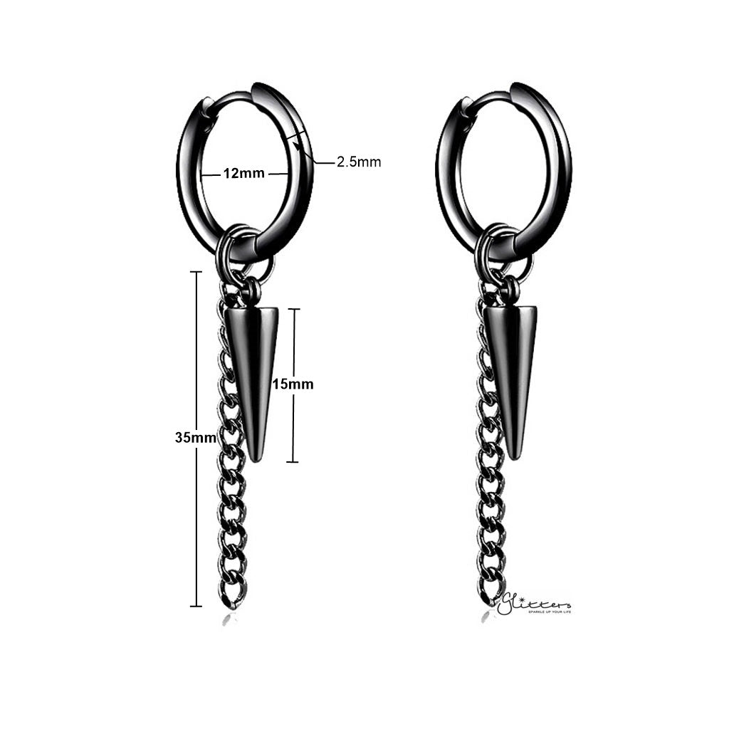 Stainless Steel Drop Spike with Chain Huggie Hoop Earrings - Black-Chain Earring, earrings, Hoop Earrings, Huggie Earrings, Jewellery, Men's Earrings, Men's Jewellery, Stainless Steel, Women's Earrings-ER1475-K_1_New-Glitters
