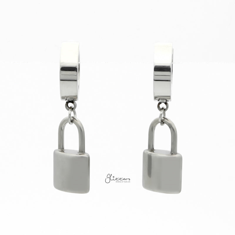 Stainless Steel Huggie Hoop Earrings with Padlock Charm - Silver-earrings, Hoop Earrings, Huggie Earrings, Jewellery, Men's Earrings, Men's Jewellery, Stainless Steel, Women's Earrings-ER1544-S2_800-Glitters