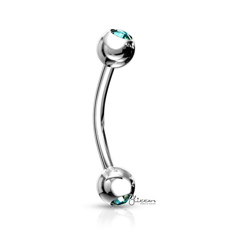 Press Fit Gem Ball On Both Side Curved Barbell - Aqua-Body Piercing Jewellery, Cubic Zirconia, Daith, Eyebrow-Eb0007-Aqua-Glitters