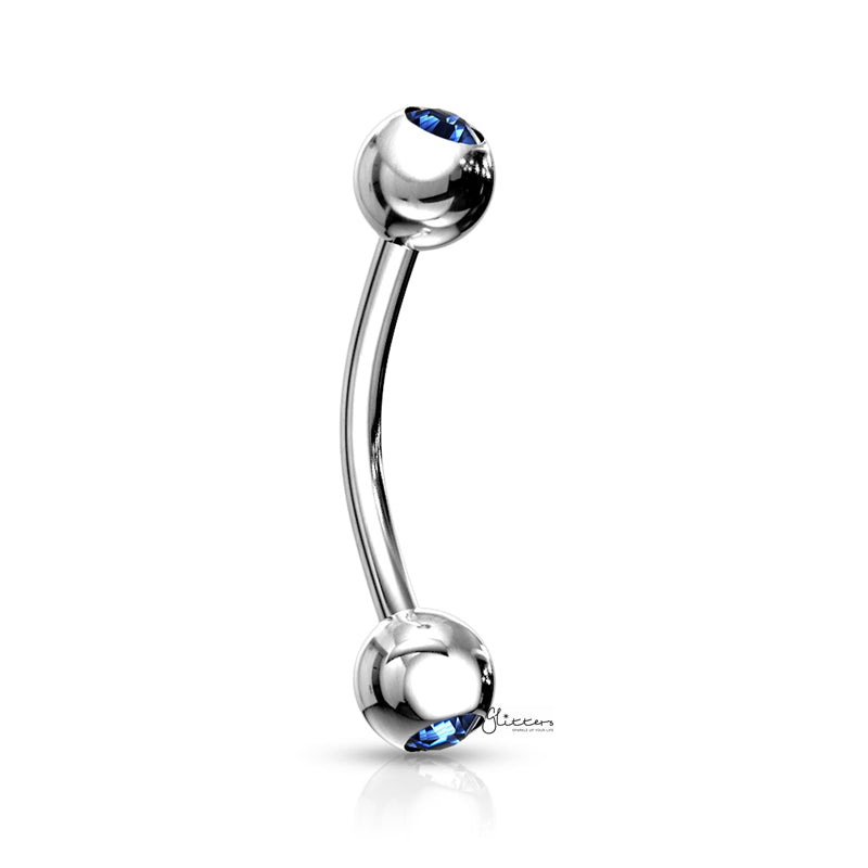 Press Fit Gem Ball On Both Side Curved Barbell - Blue-Body Piercing Jewellery, Cubic Zirconia, Daith, Eyebrow-Eb0007-Blue-Glitters