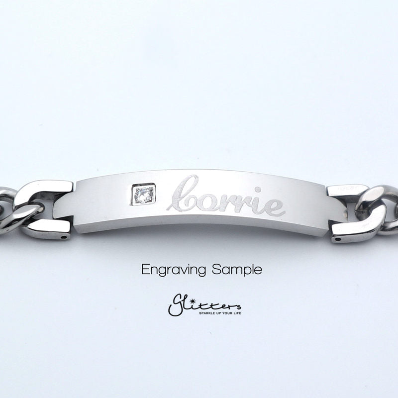 Stainless Steel Men's ID Bracelet with A Cubic Zirconia Stone-Bracelets, Cubic Zirconia, Engravable, ID Bracelet, Jewellery, Men's Bracelet, Men's Jewellery, Stainless Steel, Stainless Steel Bracelet-Engraving_Sample_1a7864b7-278d-4e0c-bd64-10a113775abf-Glitters