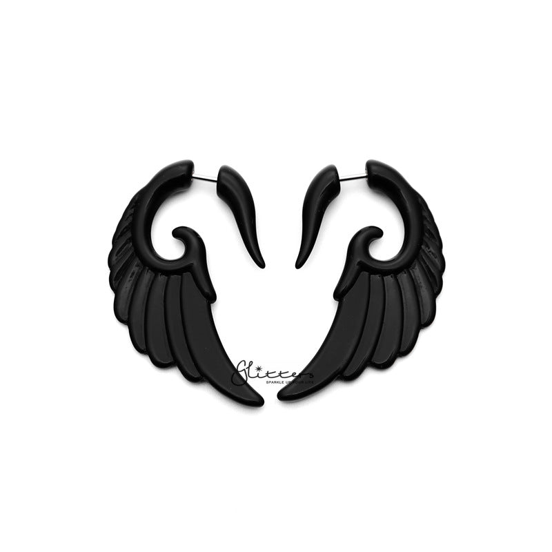 Black Acrylic Angel Wing Fake Ear Tapers with Surgical Steel Bar-Body Piercing Jewellery, earrings, Fake Plug-FP0010_Angel_wing-01-Glitters