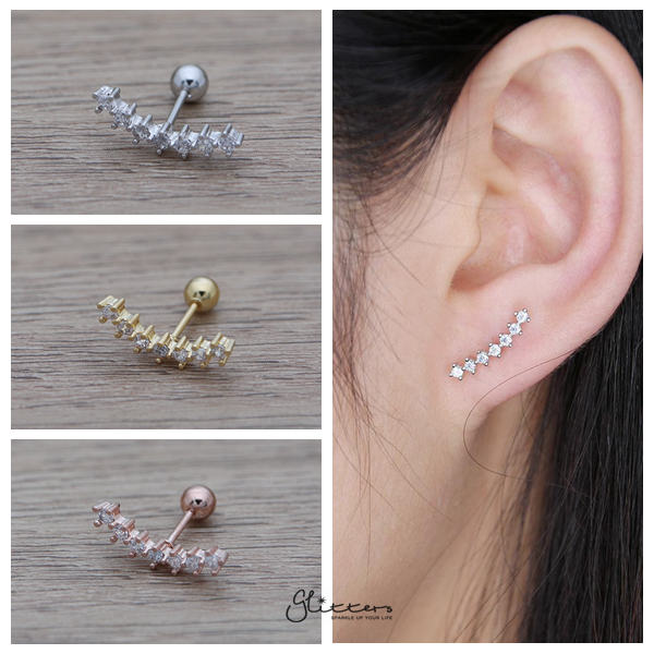 7 Cubic Gems Curved Screw Back Barbell for Tragus, Cartilage, Conch, Helix Piercing and More-Body Piercing Jewellery, Cartilage, Conch Earrings, Cubic Zirconia, earrings, Fake Plug, Helix Earrings, Jewellery, Lobe piercing, Tragus, Women's Earrings, Women's Jewellery-FP0020-7CZ-Glitters