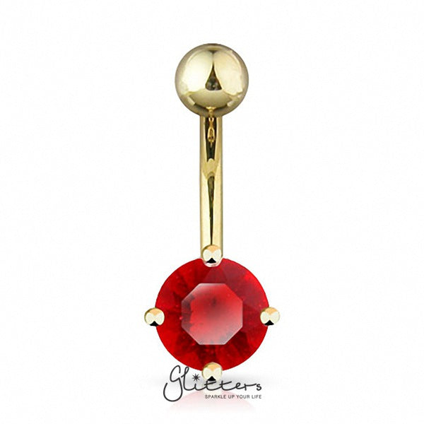 18K Gold Ion Plated Red Round CZ Prong Set Belly Button Ring-Belly Ring, Body Piercing Jewellery, Cubic Zirconia-GDPN005-R-4-Glitters