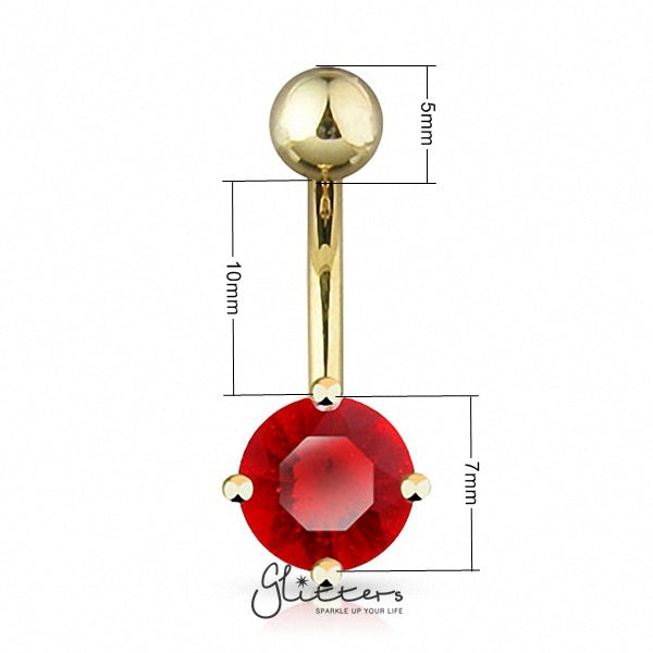 18K Gold Ion Plated Red Round CZ Prong Set Belly Button Ring-Belly Ring, Body Piercing Jewellery, Cubic Zirconia-GDPN005-R-4_New-Glitters
