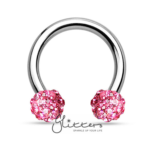 Pink Crystal Paved Ferido Balls Surgical Steel Circular Horseshoe Barbell-Body Piercing Jewellery, Horseshoe, Nipple Barbell, Septum Ring-HS31-P2-Glitters