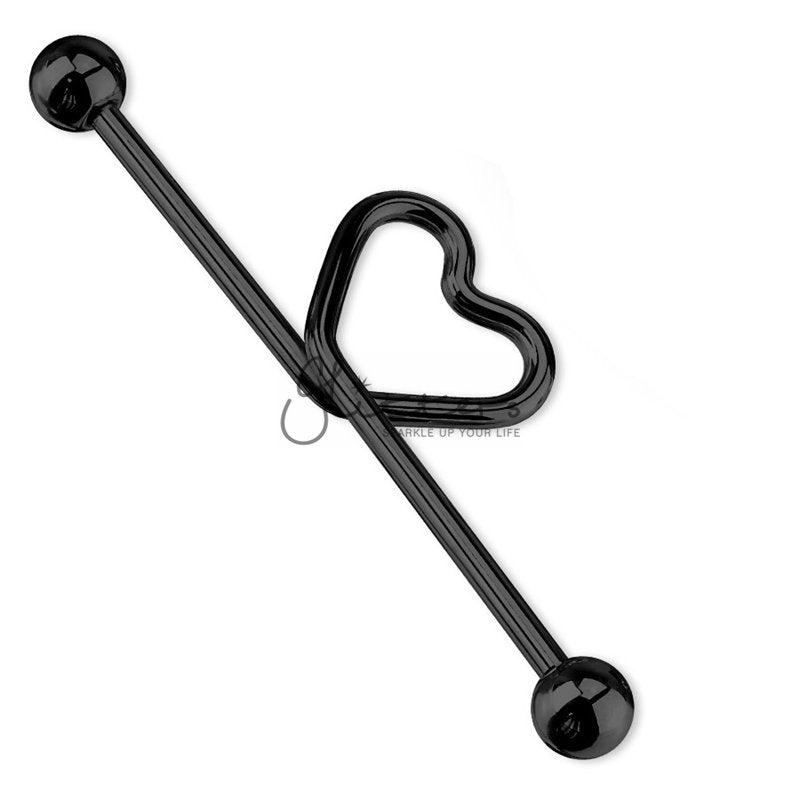 Black Titanium I.P over Surgical Steel Heart shape in the middle Industrial Barbell-Body Piercing Jewellery, Industrial Barbell-IB0003-2-Glitters