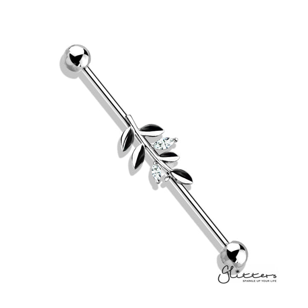 316L Surgical Steel Industrial Barbells with CZ Set Leaf-Body Piercing Jewellery, Cubic Zirconia, Industrial Barbell-IB0003-BI78-C-Glitters