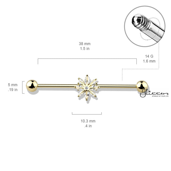 316L Surgical Steel Industrial Barbells with Marquise CZ Snowflake-Body Piercing Jewellery, Cubic Zirconia, Industrial Barbell-IB0003-BI83-03-Glitters