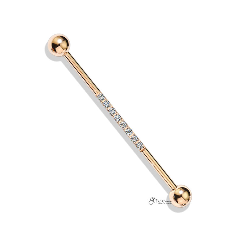 CNC Set Lined CZ Industrial Barbell - Rose Gold-Body Piercing Jewellery, Cubic Zirconia, Industrial Barbell-IB0016-RG-Glitters