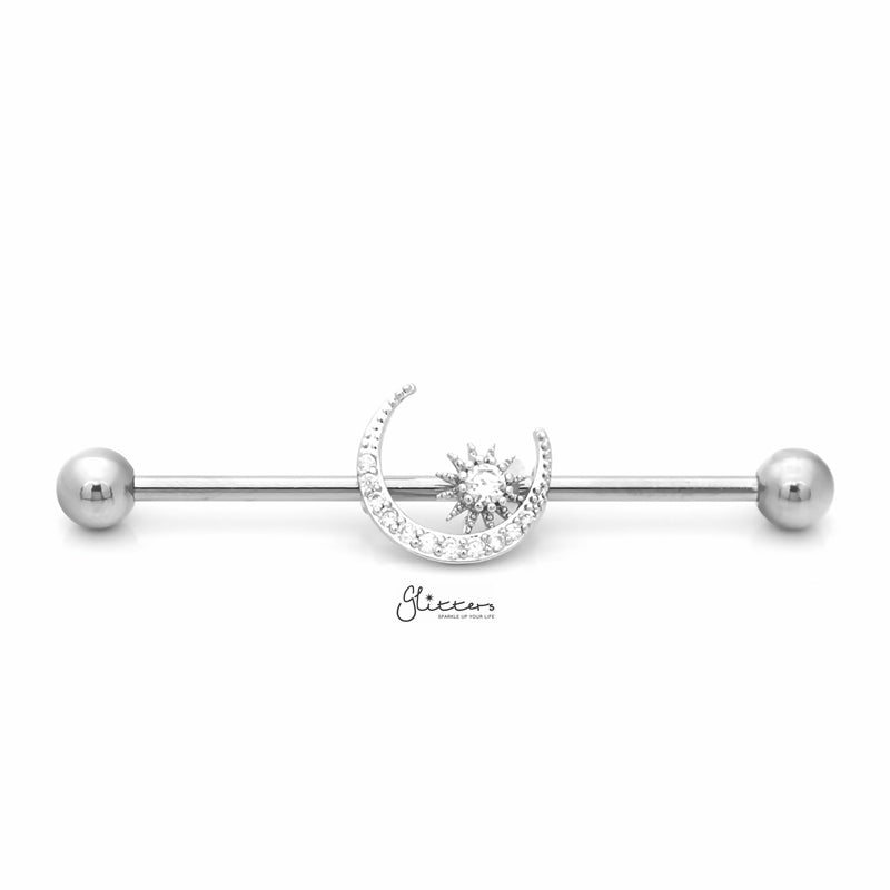 C.Z Paved Moon and Star Industrial Barbell - Silver-Body Piercing Jewellery, Cubic Zirconia, Industrial Barbell-IB0036-S-1_800-Glitters