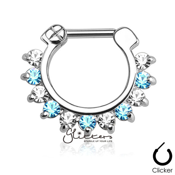 316L Surgical Steel Single Line Pronged Gems Septum Clicker-Aqua/Clear-Body Piercing Jewellery, Cubic Zirconia, Nose, Septum Ring-MS07-CQ-3-Glitters