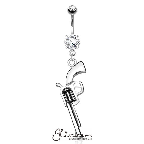 Gun Dangle Cubic Zirconia Prong Set Surgical Steel Navel Ring-Silver-Belly Ring, Body Piercing Jewellery, Cubic Zirconia-N15690-C-1-Glitters