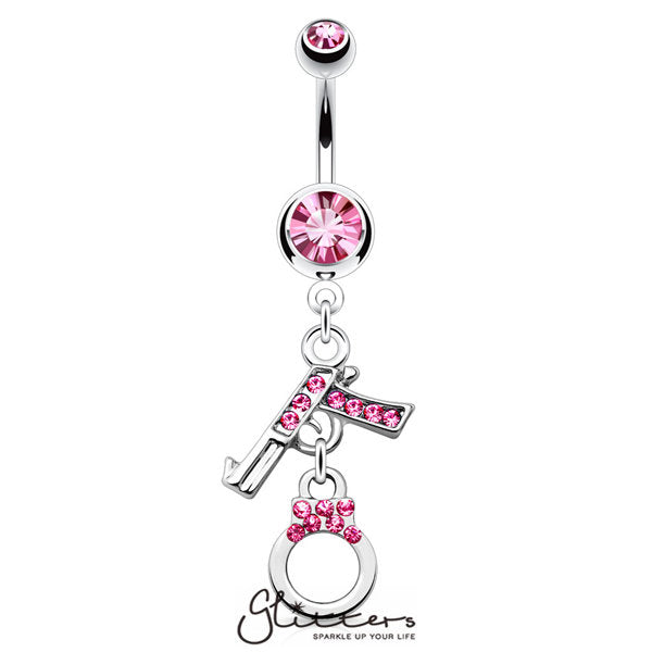 Gun and Handcuff Dangle Surgical Steel Belly Ring-Pink Crystal-Belly Ring, Body Piercing Jewellery, Cubic Zirconia-NAL15384-P-2-Glitters