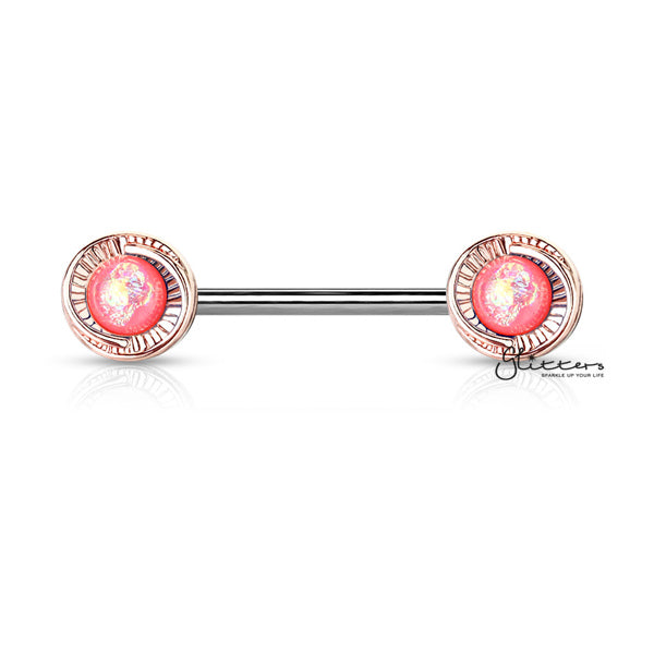 Rose Gold Plated Round Flower with Opal Glitter Centered Barbell Nipple Rings - Pink-Body Piercing Jewellery, Cubic Zirconia, Nipple Barbell-NB0017_Pink-Glitters