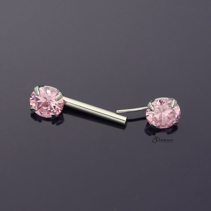 Round CZ Ends Push in Nipple Barbell - Pink-Body Piercing Jewellery, Cubic Zirconia, Nipple Barbell-NB0025-p2_800-Glitters