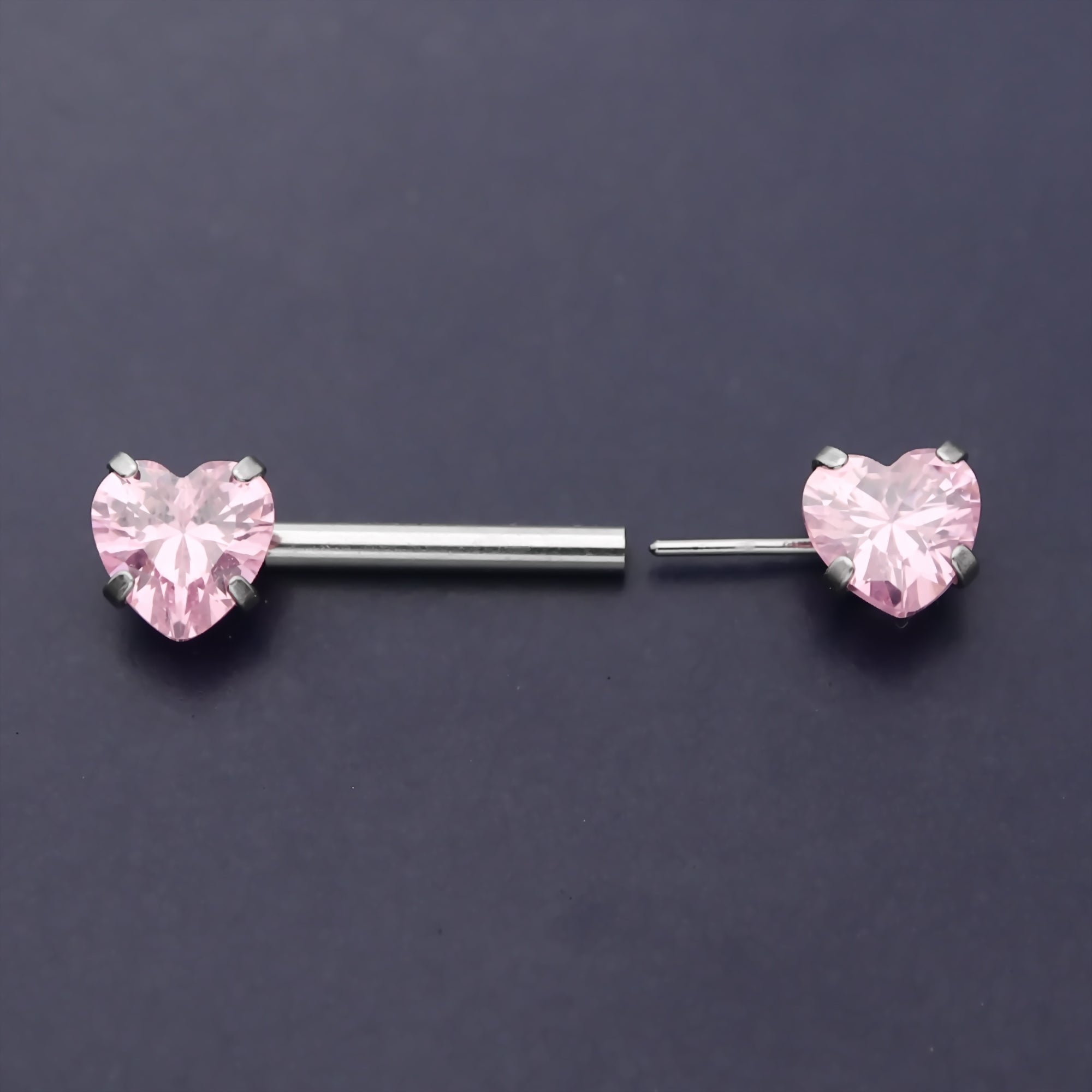 Heart CZ Ends Push in Nipple Barbell - Pink-Body Piercing Jewellery, Cubic Zirconia, Nipple Barbell-2-Glitters