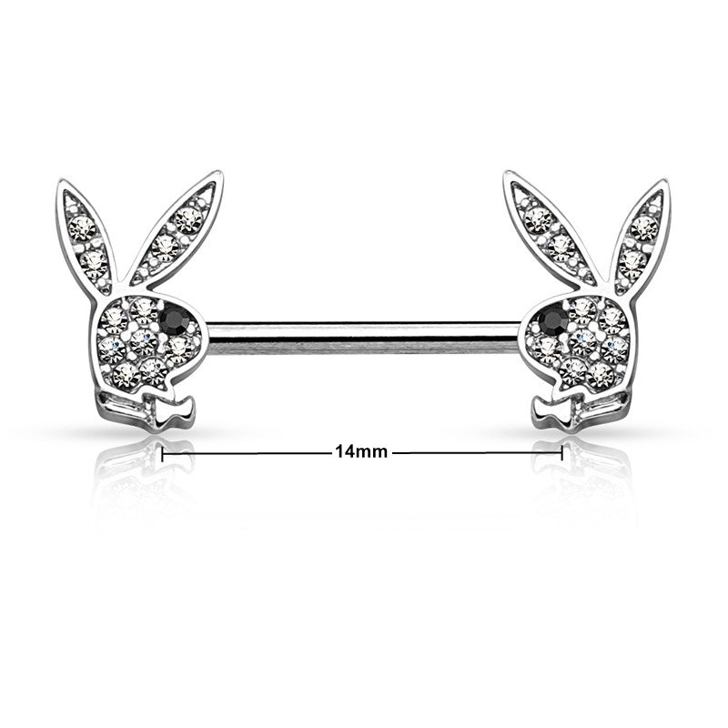 Playboy Bunny Ends Nipple Barbell - Silver-Body Piercing Jewellery, Nipple Barbell-NB0027-S_New-Glitters