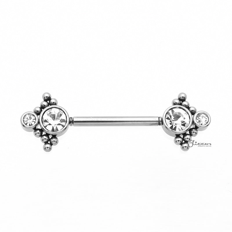 Double CZ and Ball Clusters Push in Nipple Barbell - Silver-Body Piercing Jewellery, Cubic Zirconia, Nipple Barbell-NB0031-S1_800-Glitters