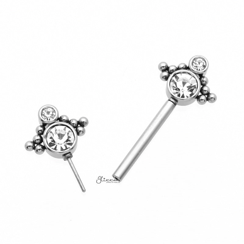 Double CZ and Ball Clusters Push in Nipple Barbell - Silver-Body Piercing Jewellery, Cubic Zirconia, Nipple Barbell-NB0031-S3_800-Glitters