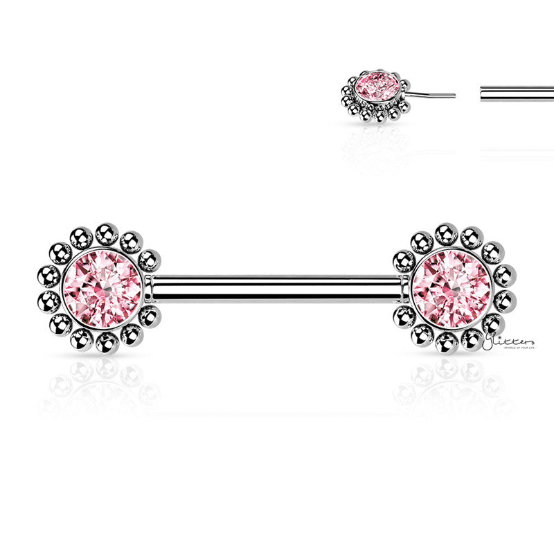 CZ and Beaded Ball Edge Push in Nipple Barbell - Pink-Body Piercing Jewellery, Cubic Zirconia, Nipple Barbell-NB0032-P-Glitters