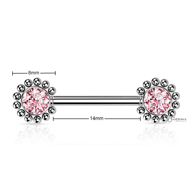 CZ and Beaded Ball Edge Push in Nipple Barbell - Pink-Body Piercing Jewellery, Cubic Zirconia, Nipple Barbell-NB0032-P1_New-Glitters
