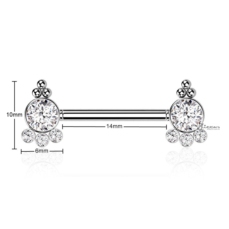 4 CZ and Ball Clusters Push in Nipple Barbell - Silver-Body Piercing Jewellery, Cubic Zirconia, Nipple Barbell-NB0033-S1_New-Glitters