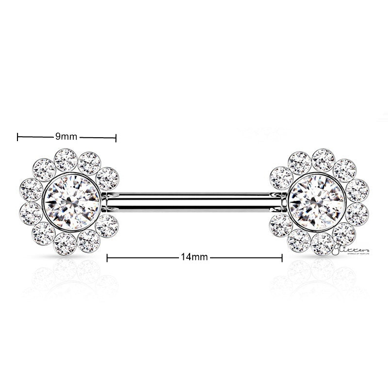 CZ Flower Push in Nipple Barbell - Silver-Body Piercing Jewellery, Cubic Zirconia, Nipple Barbell-NB0034-C1_New-Glitters