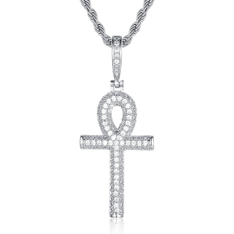 Ankh Cross Pendant - Silver-Hip Hop, Hip Hop Pendant, Iced Out, Jewellery, Men's Necklace, Necklaces, Pendants, Women's Jewellery, Women's Necklace-NK1044-S2-800-Glitters