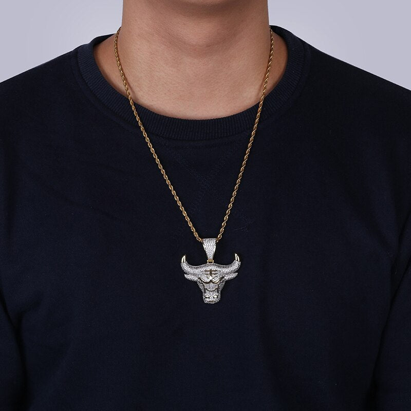 Bull Head Pendant - Gold-Hip Hop, Hip Hop Pendant, Iced Out, Men's Necklace, Necklaces, Pendants-NK1050-G2-Glitters