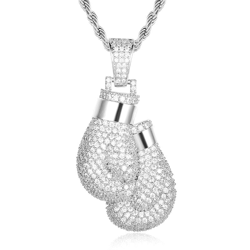 Iced Out Boxing Gloves Pendant - Silver-Hip Hop, Hip Hop Pendant, Iced Out, Jewellery, Men's Necklace, Necklaces, Pendants, Women's Jewellery, Women's Necklace-NK1060-SC-800-Glitters